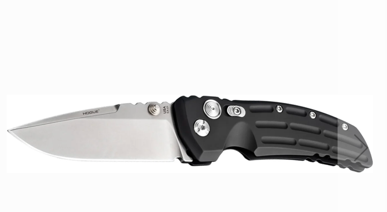 Hogue EX-01 Manual Folder 4" Drop Point Knife, Black Aluminum Frame, Stone Tumbled Blade